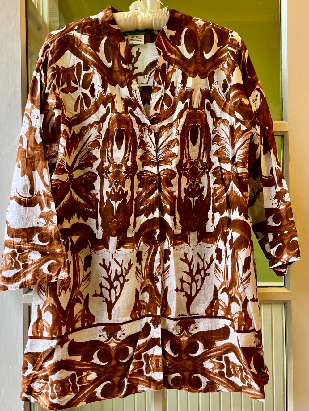 Antica Sartoria Brown & White Patterned Blouse from Italy Art to Wear